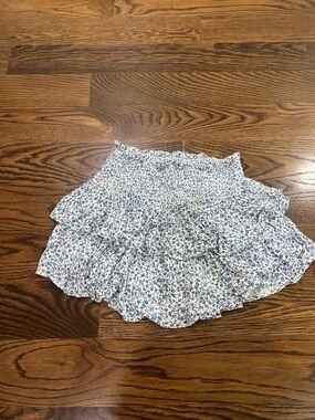 Altar'd State White and Blue Floral Tiered Smocked Mini Skirt